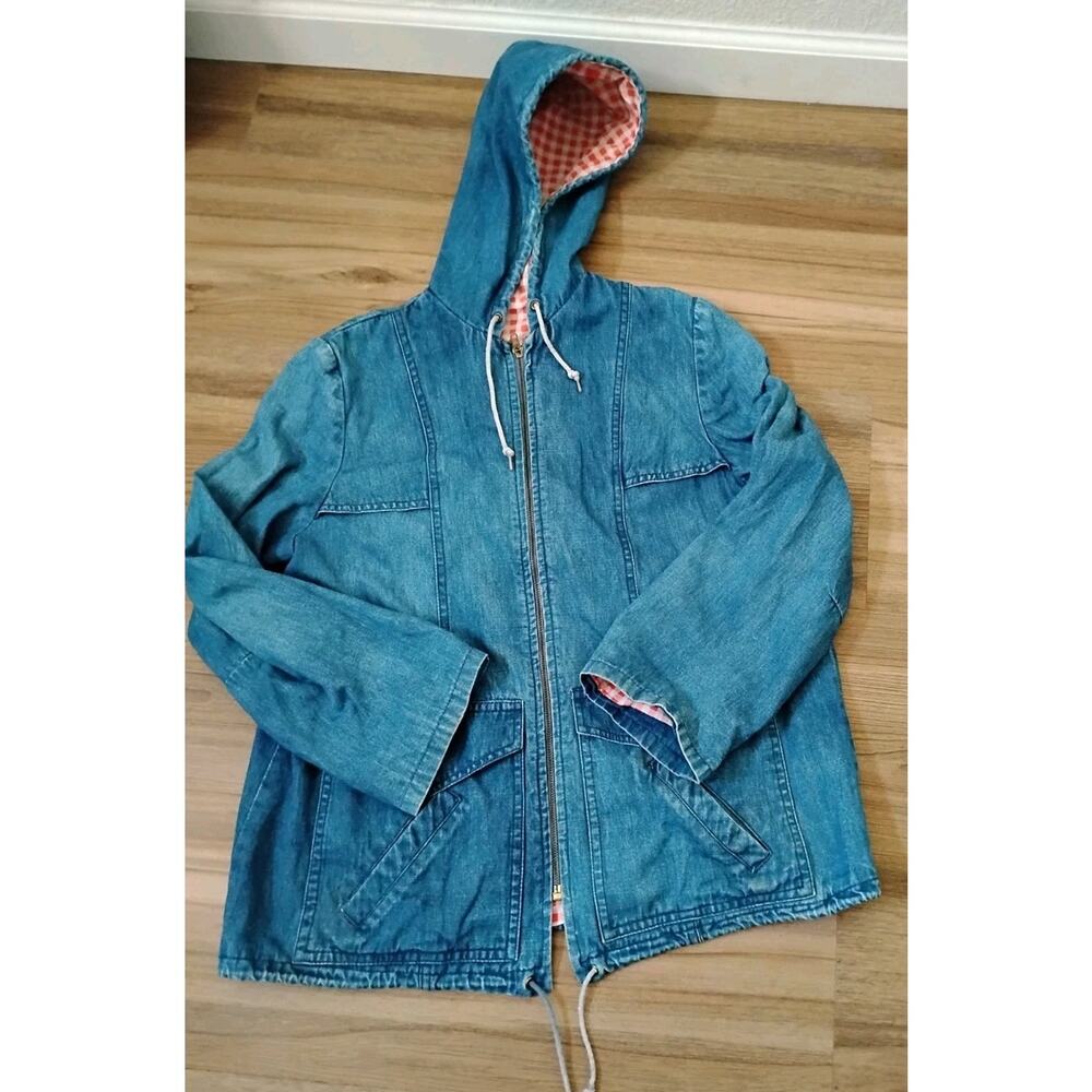 vintage denim hooded jacket with a red checkered or gingham-patterned lining 12